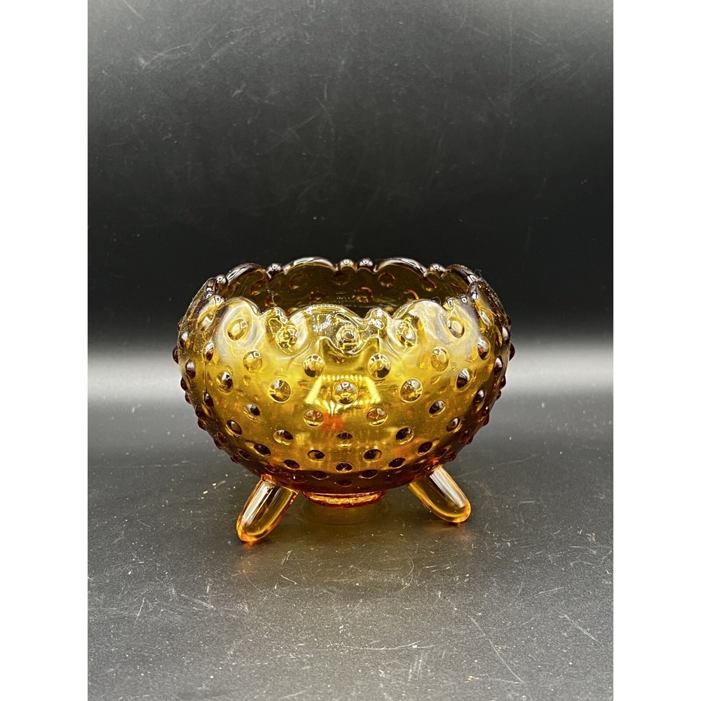 VTG Amber Glass Hobnail Footed Compote Candy Dish Scalloped Edge 4" ~ Fenton?